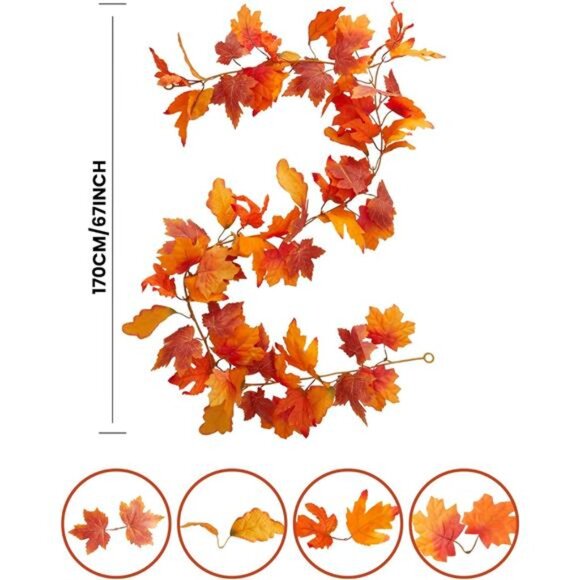 6PCS Orange Leaf Garland, 5.6Ft Halloween Garland Artificial Maple Leaf Autumn - Picture 3 of 8